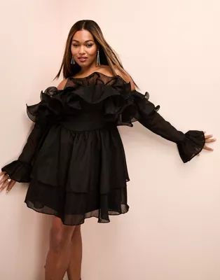 ASOS LUXE Curve off-shoulder ruffle mini dress with wired hem & corseted waist in black | ASOS | ASOS (Global)