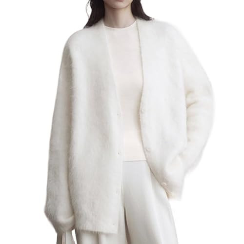 Womens Fuzzy Sweaters Cardigan V-Neck Button Down Oversized Mohair Sweater Casual Y2k 2024 Fall Winter (White,M,Medium) | Amazon (US)