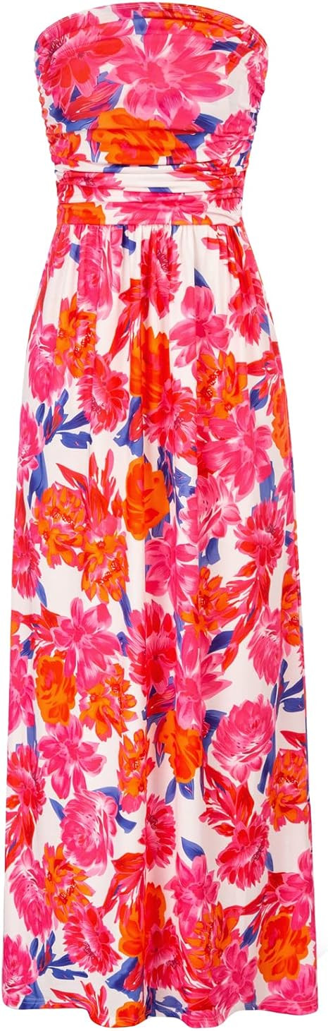 GRACE KARIN Women Strapless Dress Casual Loose Ruched Long Maxi Dress with Pockets | Amazon (US)