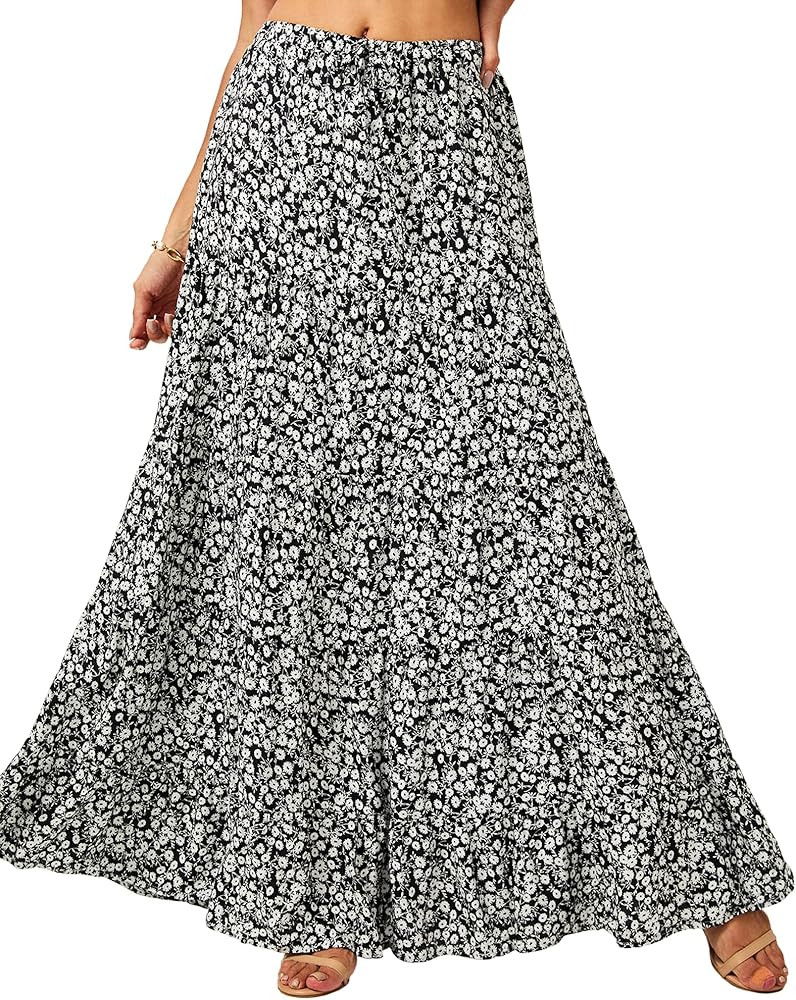 Tsher Women's Casual High Elastic Waist Ruffle Boho Pleated A-line Long Maxi Skirts 0333 | Amazon (US)