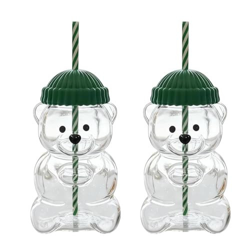 Bear Straw Cup 20oz Glass Bear Cup with Lids and Straws,Bears Straw Mug, Cute Mugs Sippy Cups Coffee Juice Wine Cocktail Drinks Glassware for Christmas Gift,20 oz (green-2pcs) | Amazon (US)