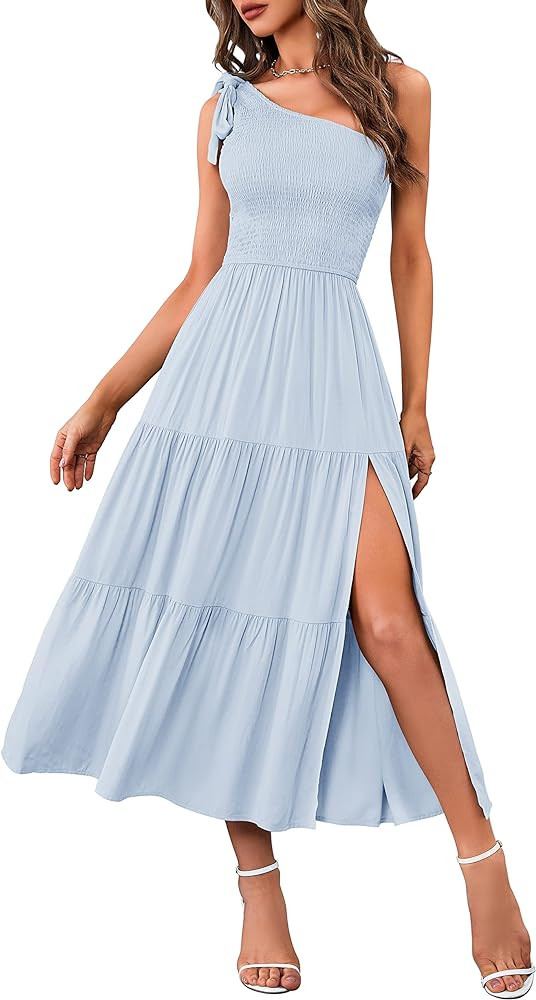 MEROKEETY Women's Summer One Shoulder Sleeveless Knot Smocked Midi Dress Split Tiered Flowy Dress... | Amazon (US)