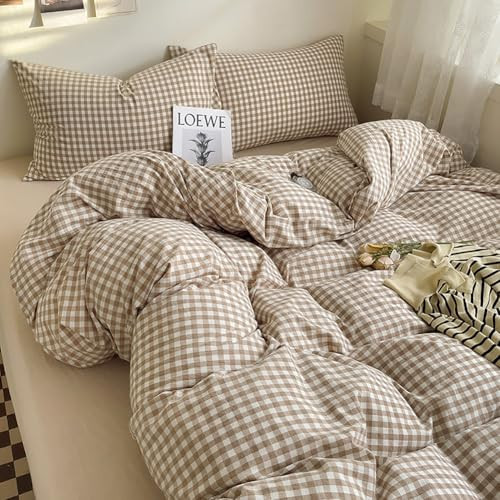 Nayoroom Brown Gingham Comforter Set Queen Size Tan Plaid Checkered Comforter 3 Pieces Soft Lightweight Grid Farmhouse Dorm Bedding Set for All Seasons | Amazon (US)