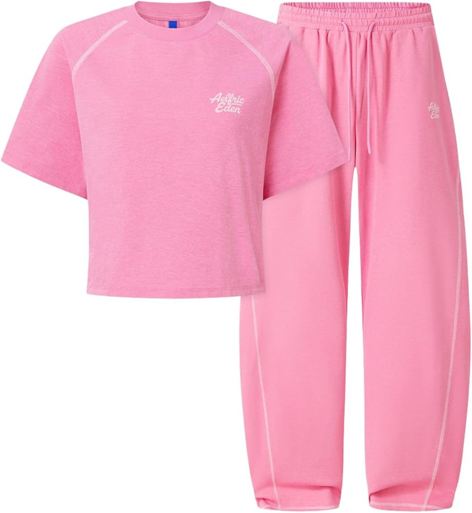 Aelfric Eden Cloud Cropped Sweat Sets Summer 2 Piece Outfits Crop Top High Waisted Baggy Barrel S... | Amazon (US)