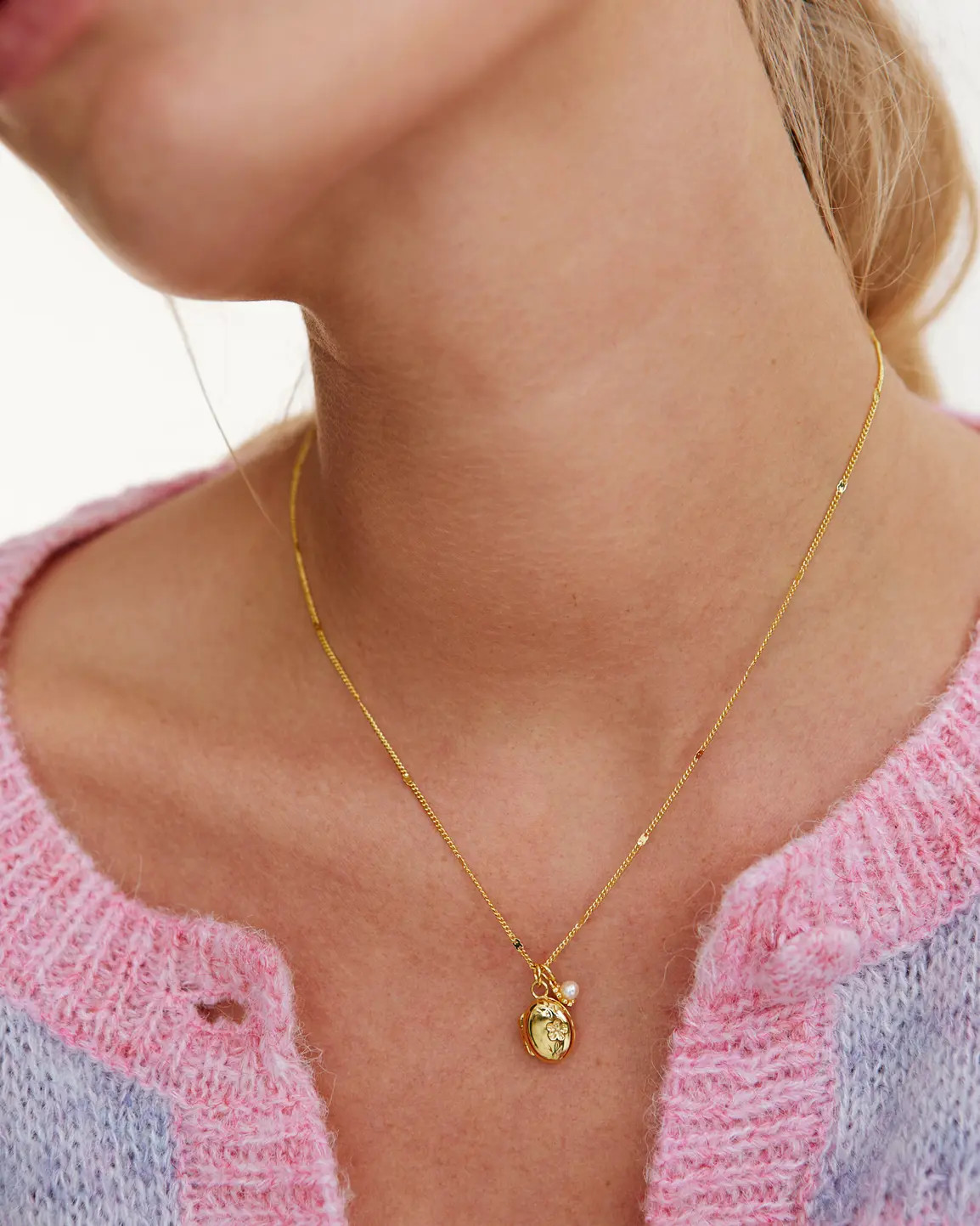 Bailey Oval Engraved Locket & Pearl Flower Gold Plated Pendant Necklace | Oliver Bonas | Oliver Bonas (Global)
