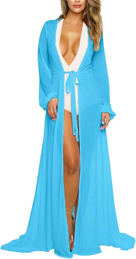 Pink Queen Women's Long Sleeve Flowy Maxi Bathing Suit Swimsuit Tie Front Robe Cover Up | Amazon (US)