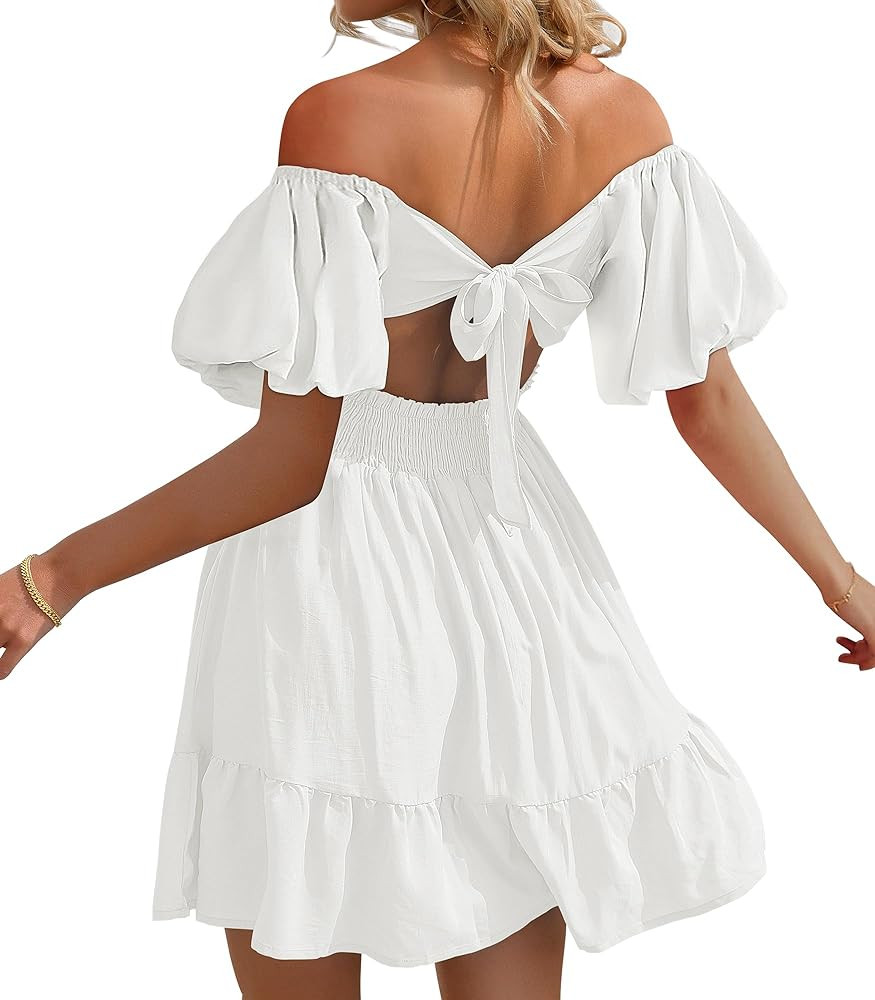 Phortric Womens Summer Tie Back Dress Square Neck Lantern Sleeve Off Shoulder Casual Mini Dresses | Amazon (US)