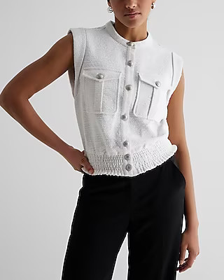 Boucle Tweed Button Up Smocked Bottom Utility Top | Express