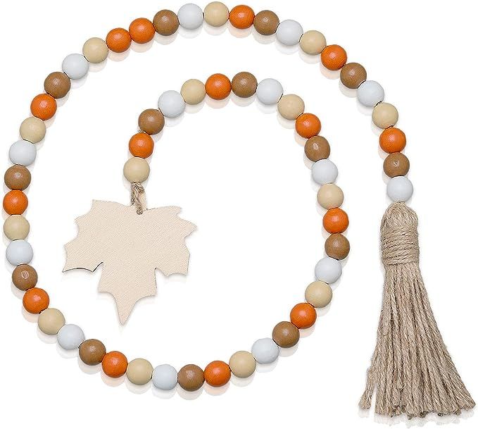 Halloween Wooden Bead Garland Wreath with Tassel, Decorated with Maple Leaves and Pumpkin Beads f... | Amazon (US)