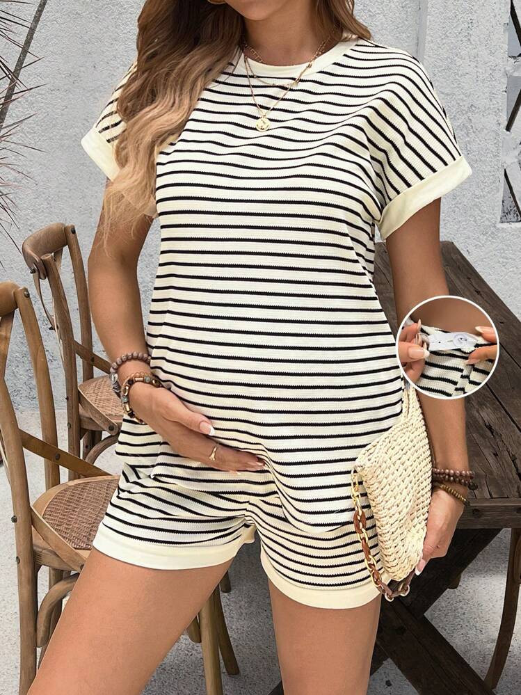 SHEIN Maternity Striped Print Short-Sleeved Top And Shorts Set | SHEIN