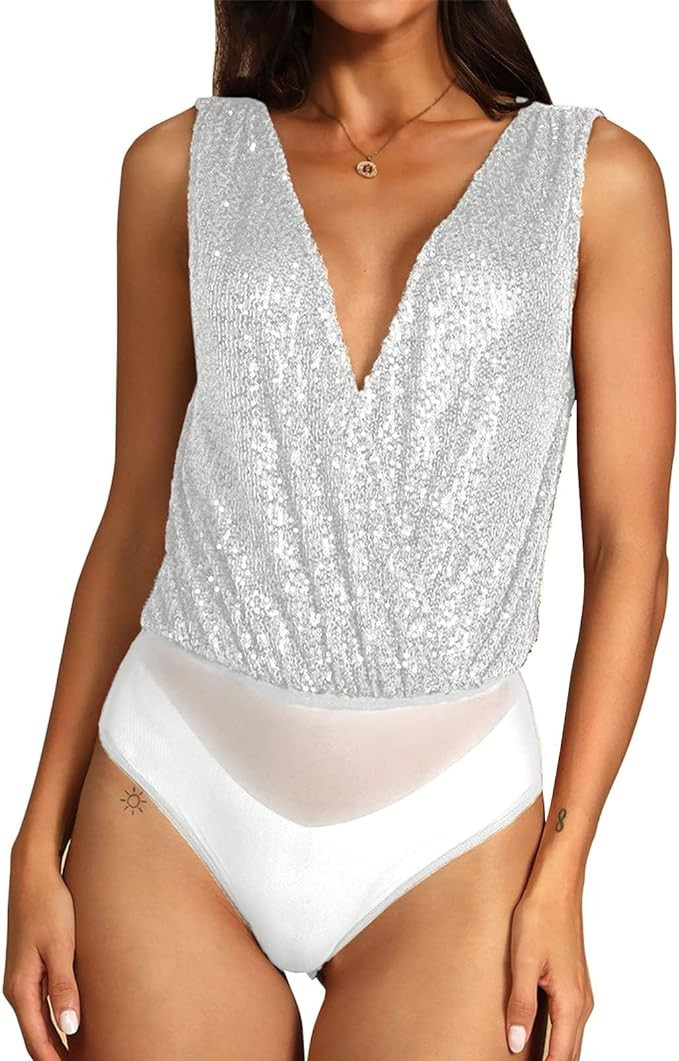 FAIABLE Sequin Tops Bodysuit for Women Sparkly Tops Sleeveless Tank Top Deep V Backless Sexy Body... | Amazon (US)
