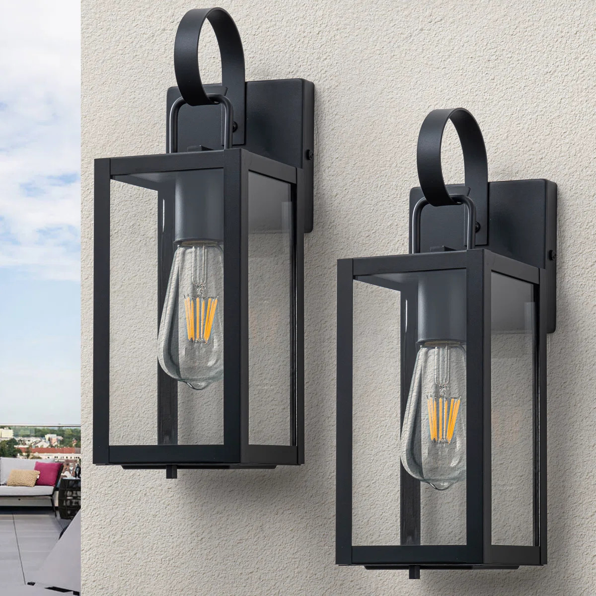 Black Outdoor Wall Lantern With Tempered Glass Shade And Closed Bottom (2-pack) (Set of 2) | Wayfair North America