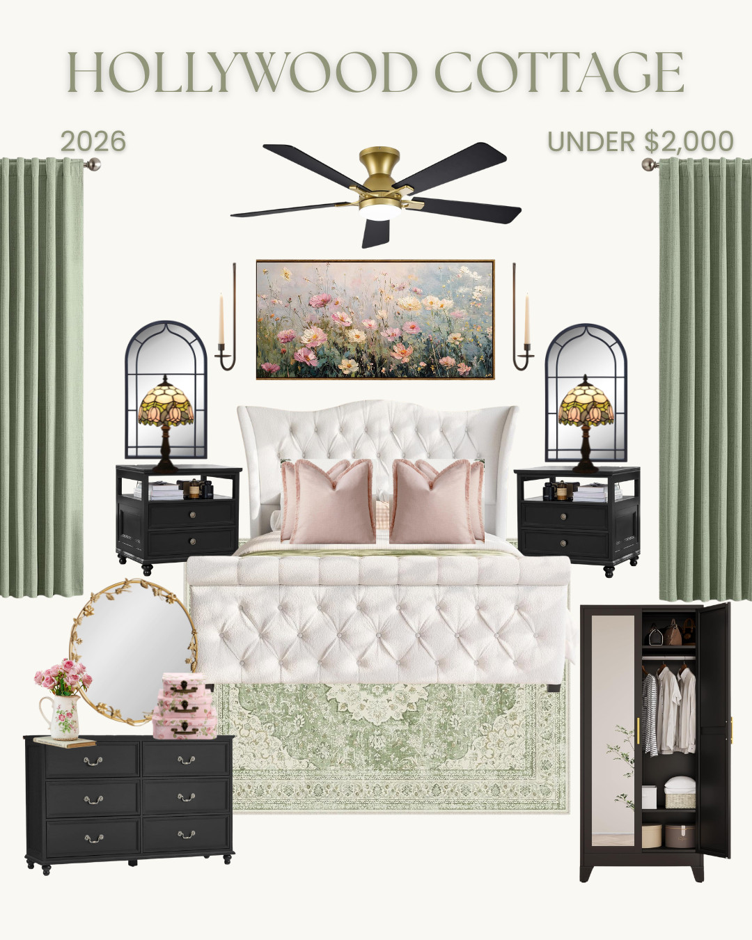 Vintage charm meets modern elegance. ✨ Welcome to the Hollywood Cottage Bedroom, a curated space designed to feel like a boutique luxury retreat for under $2,000! 

I love the contrast between the crisp, tufted white bed and the moody black nightstands, completely softened by those beautiful sage green velvet draperies.

Want to shop the entire room?
For just $25, you can purchase the complete digital design blueprint! Your download instantly unlocks clickable direct retail links to every single item on this board—from the statement lighting down to the bedding.

I’ve linked 3 exact sneak-peek items from this board directly below to get you started! #MasterBedroom #SageGreenDecor #VintageModern #BedroomGoals #AffordableLuxury #InteriorDesignOnABudget #PreMadeDesignPlans

#LTKHome #LTKSeasonal #LTKHome