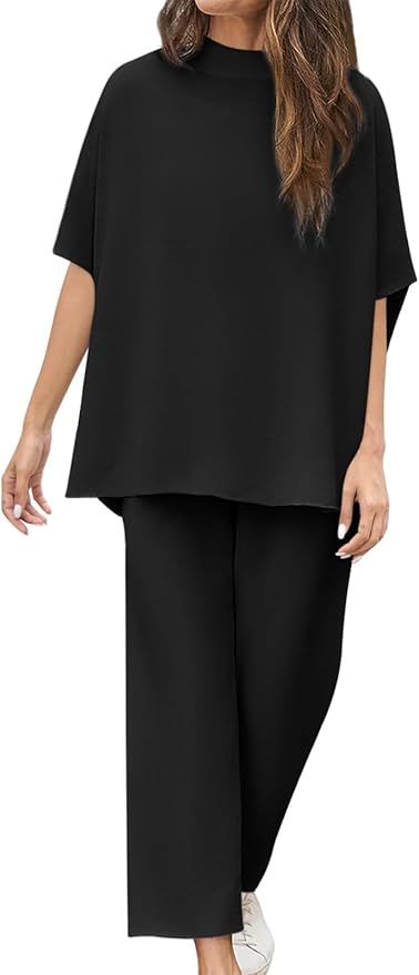 Yousify Women's Two Piece Outfits Crew Neck Pullover Tops 3/4 Batwing Sleeve Capelet Wide Leg Pan... | Amazon (US)