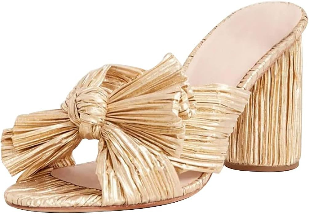 VIMISAOI Chunky Block Heeled Sandals for Women Comfortable Slip On Open Toe Pleated Bow Heel Sand... | Amazon (US)