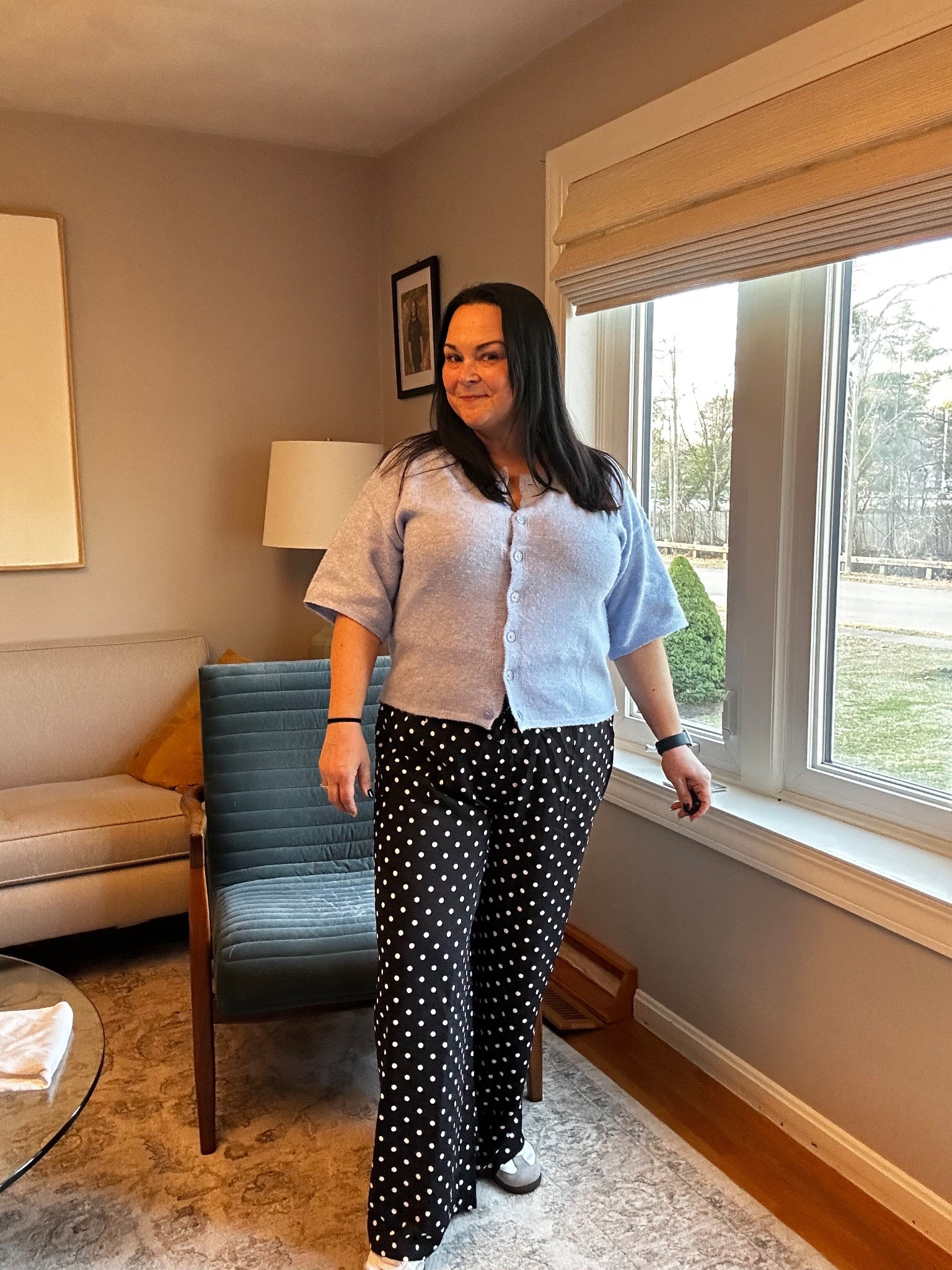 Casual midsize ootd with true to size printed wide leg pants and a soft knit short sleeve cardigan. This comfortable outfit is easy, flattering, and perfect for real life when you want to feel put together without sacrificing comfort. The black polka dot pants are lightweight and flowy, and the cardigan is soft, easy to layer, and true to size. A great everyday outfit formula for midsize women.

#LTKMidsize #LTKWorkwear #LTKootd