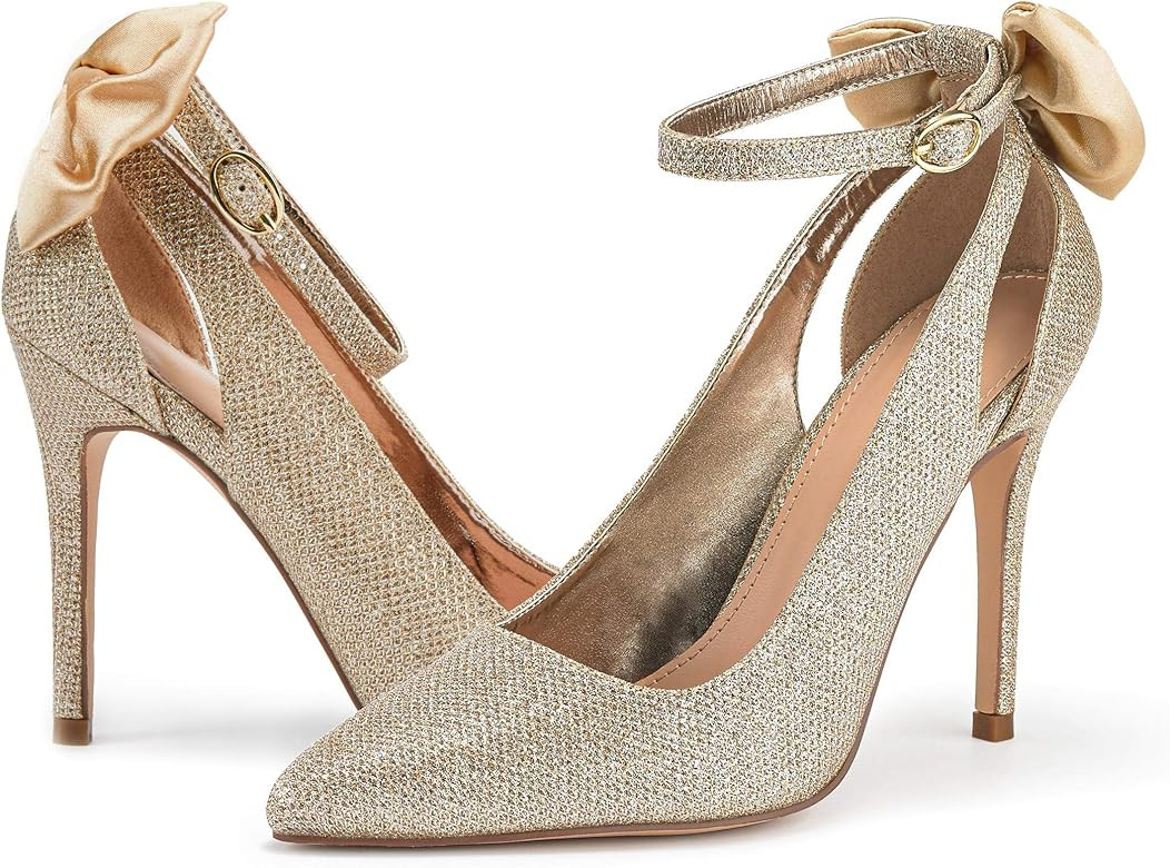 Fashare Womens High Heels Bow Tie Back Sexy Stiletto Ankle Strap Wedding Dress Pumps Shoes | Amazon (US)