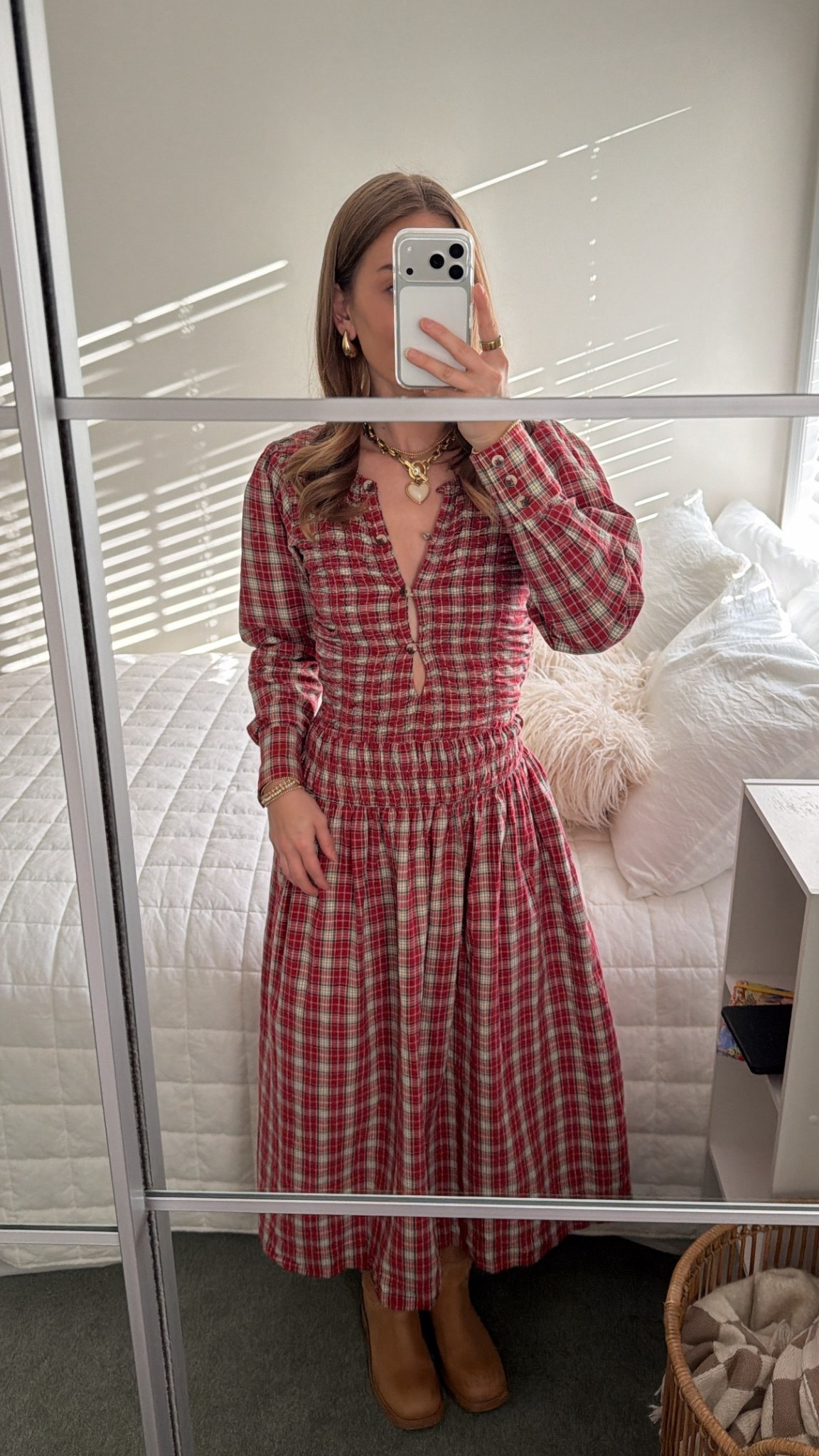 12/25/25 my Christmas Day outfit — festive, effortless, and comfortable enough to wear all day. I’m linking my Damson Madder red plaid long-sleeve dress, which feels perfectly on theme for Christmas without being over the top, my Amazon drop hoop earrings for a simple but polished accessory, and my Steve Madden knee-high boots to finish the look. It’s one of those outfits that feels cozy, classic, and timeless for the holiday.

#LTKootd #LTKHoliday