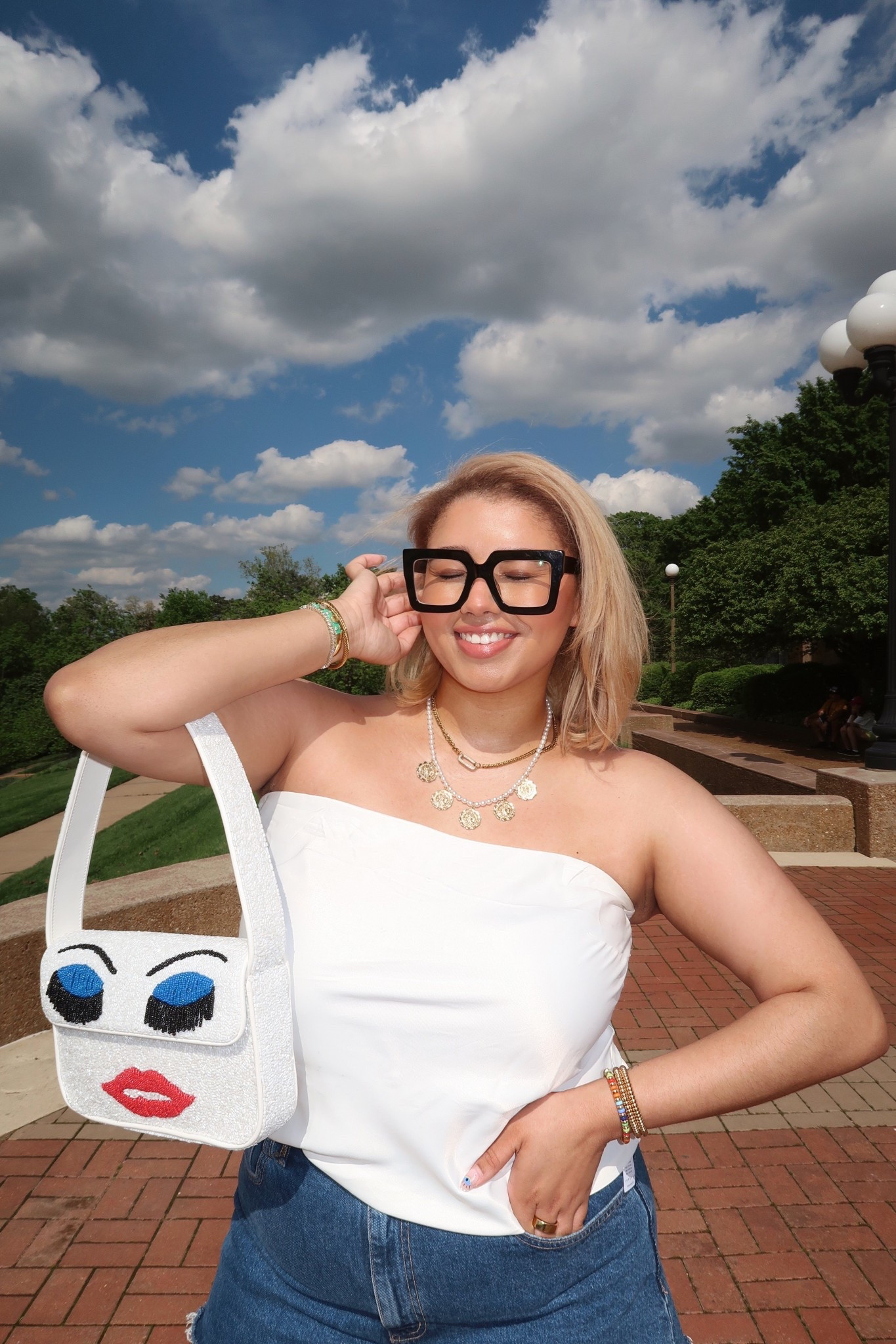such a simple summer outfit combo: strapless top + denim shorts + a fun statement bag 🧿❤️
#summeroutfits #staud #statementbag 

#LTKItBag #LTKFindsUnder100 #LTKStyleTip