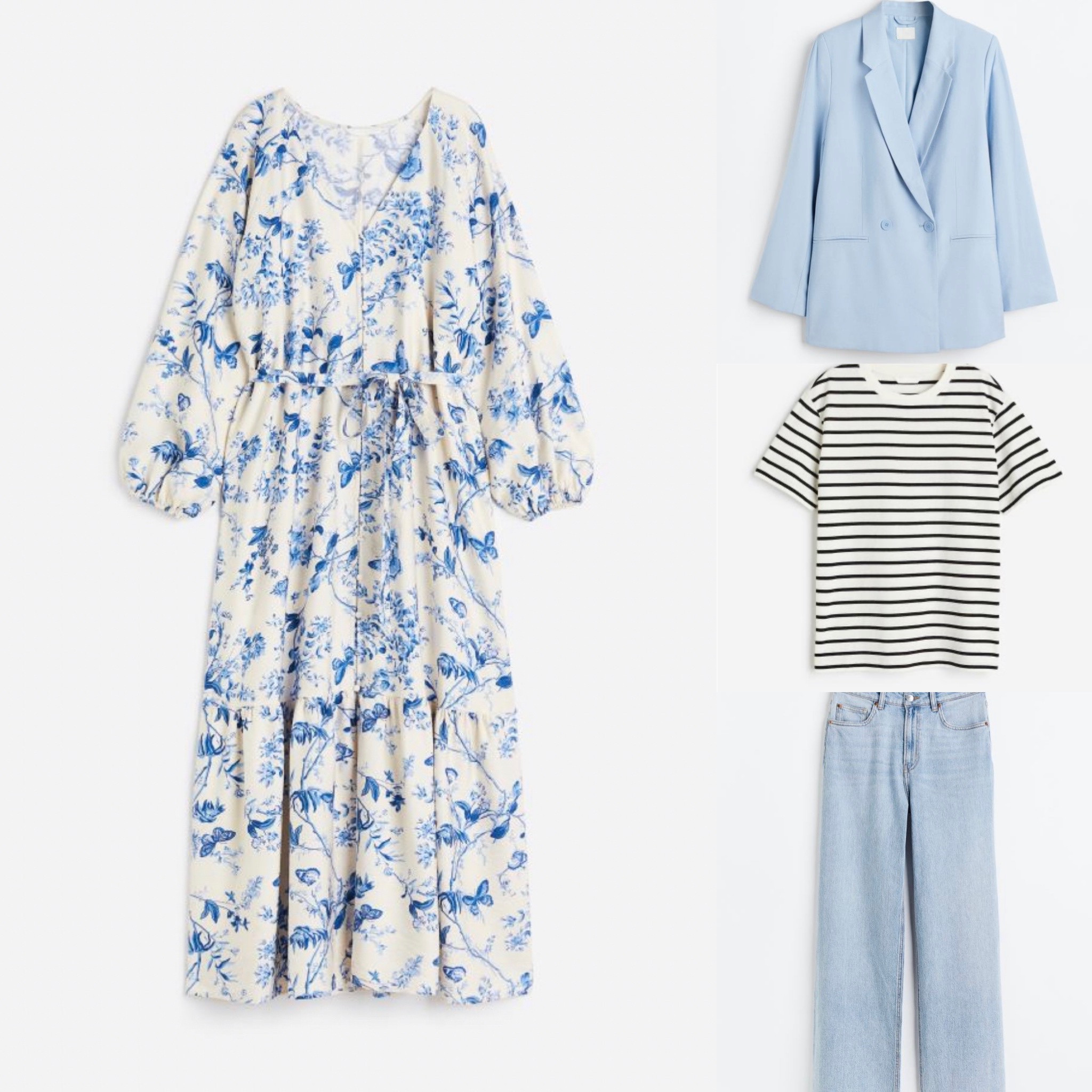 H&M  Spring essentials 
Affordable 
Blue
Light blue blazer
Black and white striped t shirt
Light wash
Wide leg jeans
Blue and white blue and white long sleeve dress
Size down in dress
All else runs tts
Spring break

#LTKSeasonal #LTKunder50 #LTKstyletip