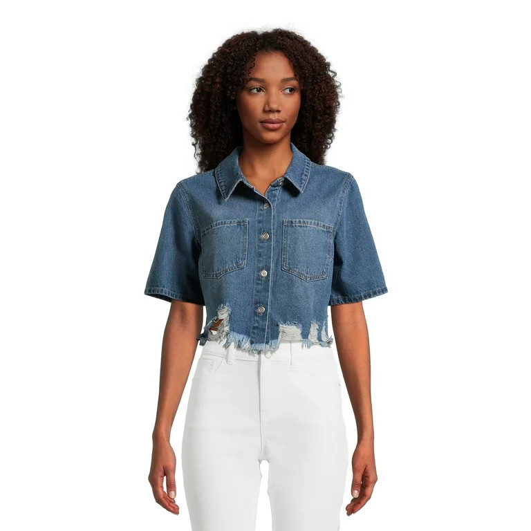 No Boundaries Juniors Distressed Jean Jacket with Short Sleeves, Sizes XS-3XL | Walmart (US)