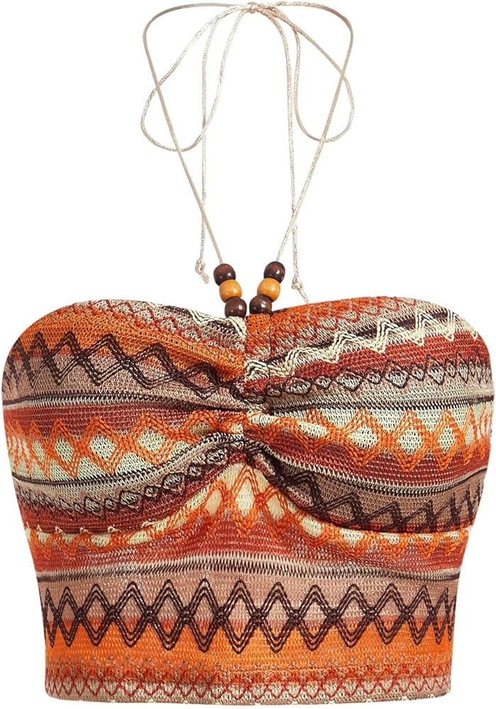 SHENHE Women's Ruched Beaded Halter Neck Backless Chevron Geo Print Boho Crop Top | Amazon (US)