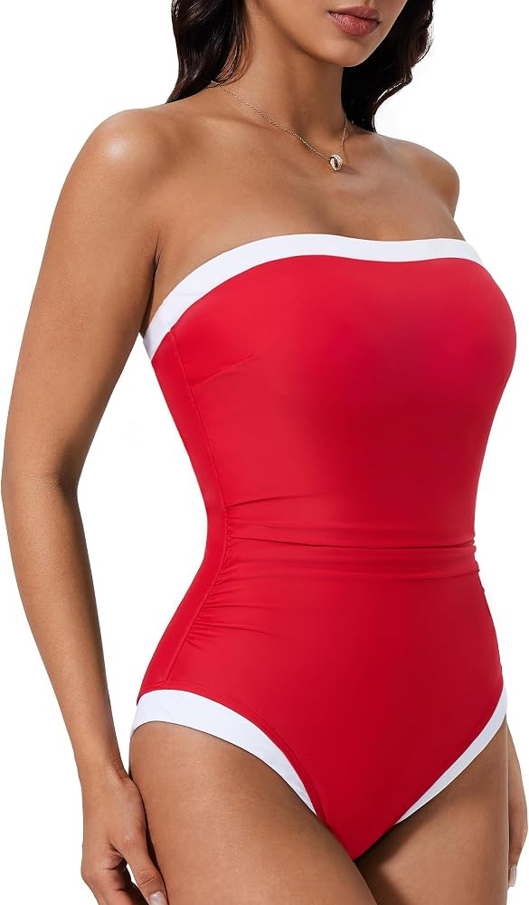 SUUKSESS Women One Piece Tummy Control Swimsuit Strapless Bandeau Bathing Suit | Amazon (US)