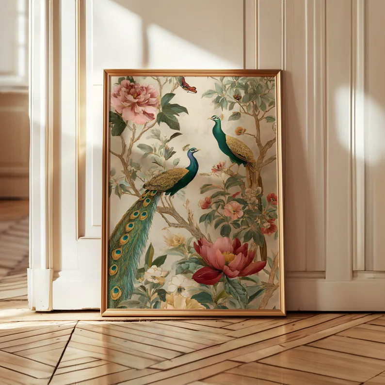 Vintage Chinoiserie Peacock Botanical Wall Art Living Room Decor Digital Download | Etsy (Global)