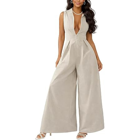 SOLY HUX Women's Zipper Front Wide Leg Jumpsuit Summer Mock Neck Sleeveless Elegant Romper | Amazon (US)
