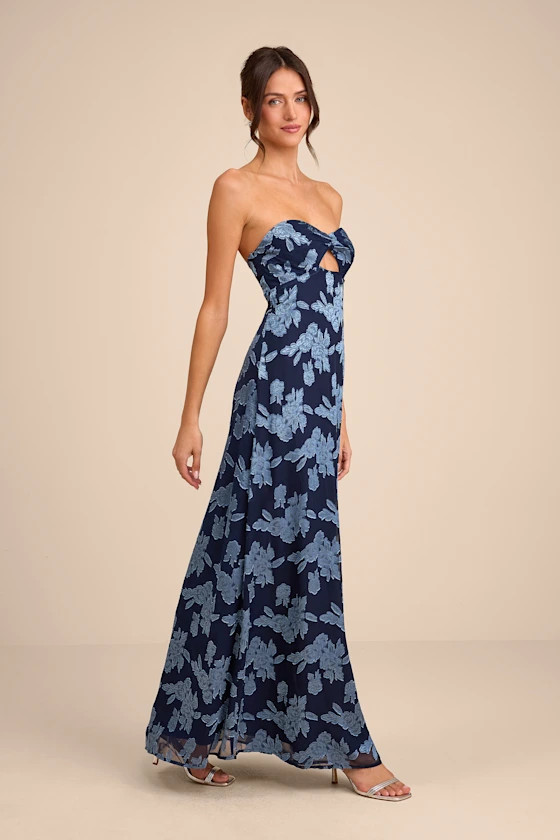 Danae Navy Blue Floral Jacquard Strapless Maxi Dress | Lulus