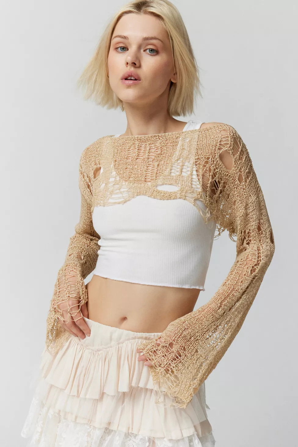 UO Carla Semi-Sheer Distressed Shrug Sweater | Urban Outfitters (US and RoW)