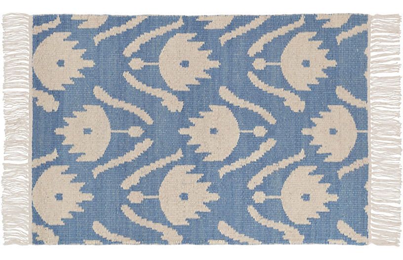 Ikat Floral Flat-Weave Rug, Blue/White | One Kings Lane
