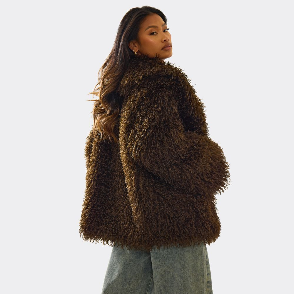 Oversized Collar Shaggy Coat In Chocolate Brown Faux Fur | EGO (UK)