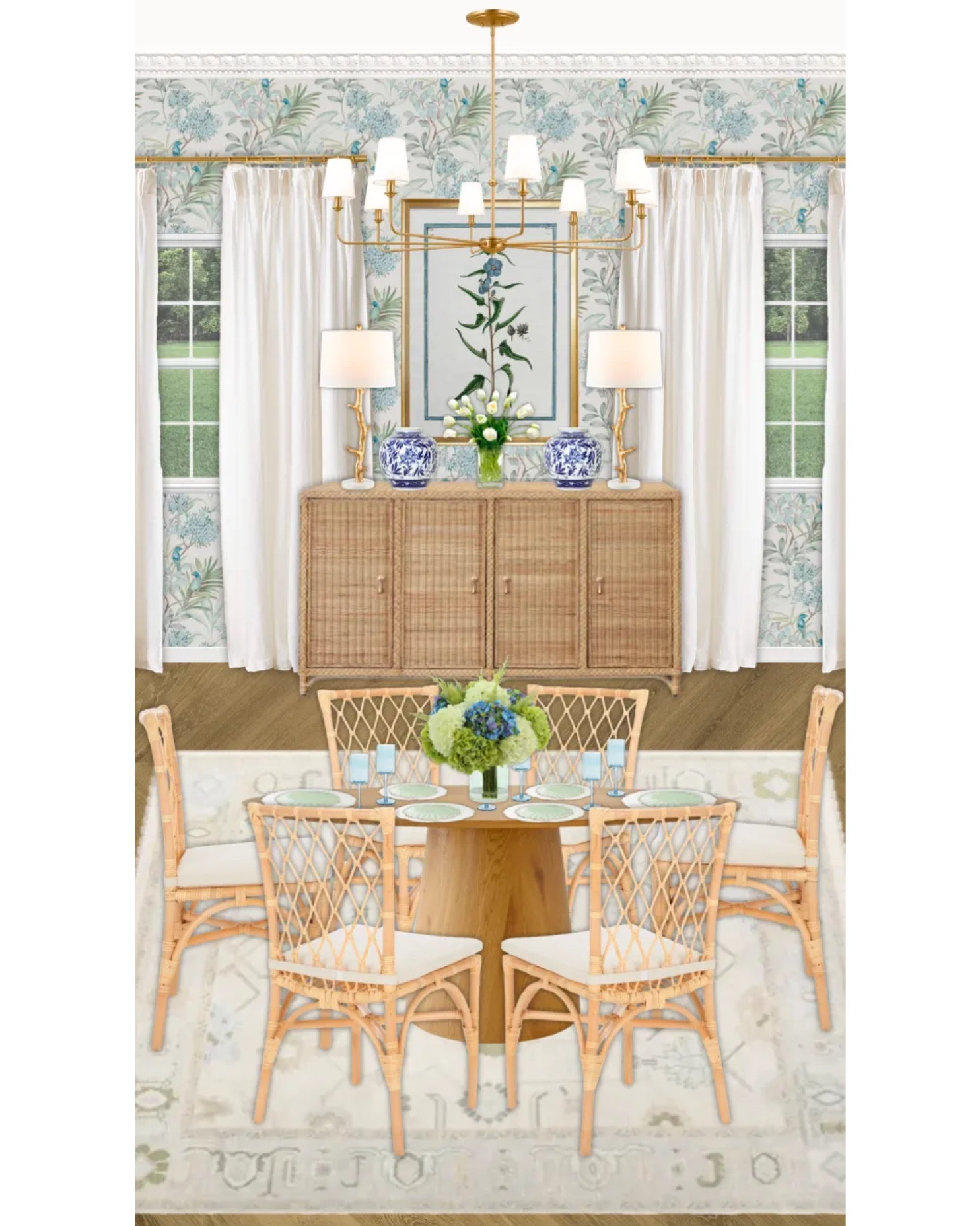 A rattan, blue, and white dining room design and render! Dining room inspo!! 

#LTKSaleAlert #LTKdayinmylife #LTKHome