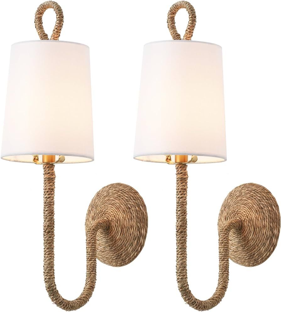 MhyTogn Natural Rattan Wall Sconce Set of 2, with Boho Woven Wicker and Creamy-White Fabric Shade... | Amazon (US)