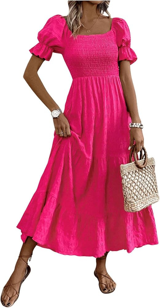 SHENHE Women's Summer Short Puff Sleeve Square Neck Smocked Tiered Ruffle Boho Sundress | Amazon (US)