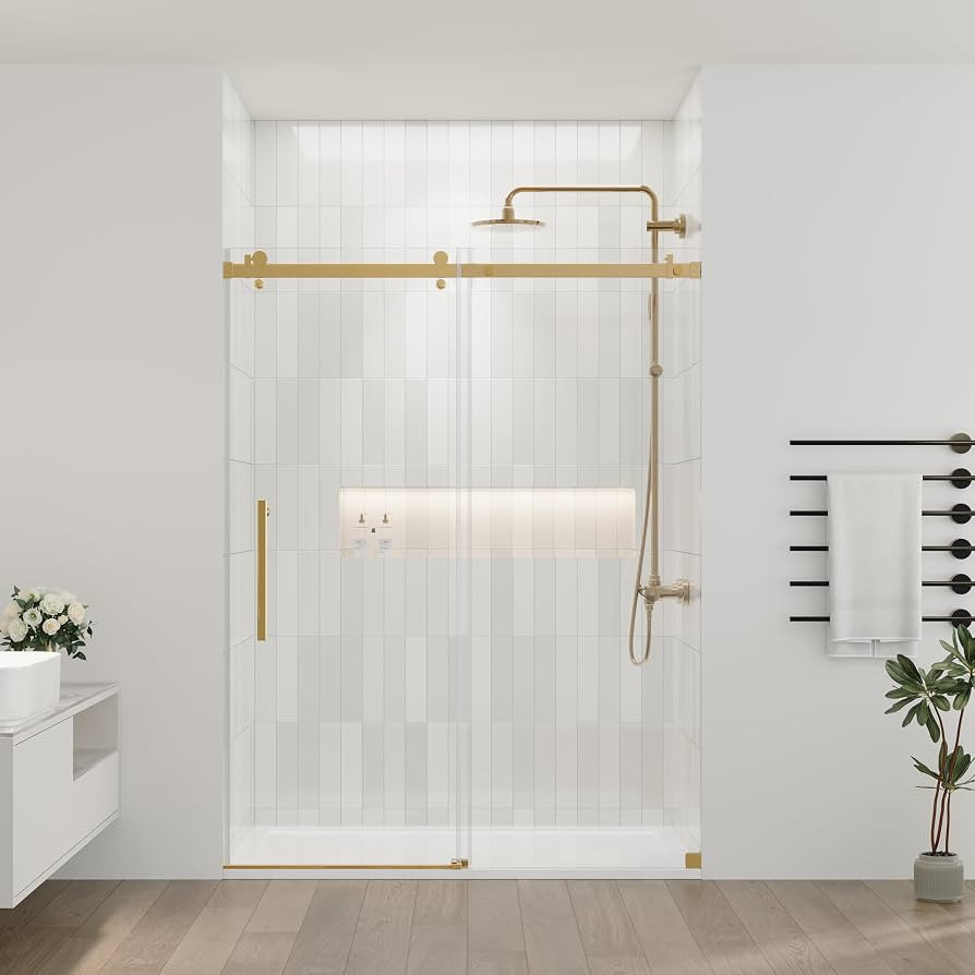 DELAVIN 56-60.in W x 75.in H Frameless Shower Door, Water Repellent Gold Shower Door with SGCC Ce... | Amazon (US)