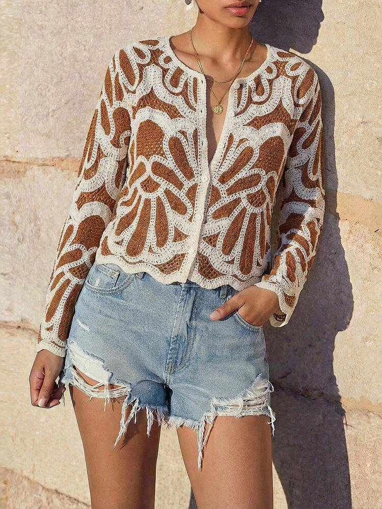 Maija Women's Casual Boho Crochet Top Single-Breasted Cardigan | SHEIN