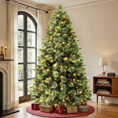 SHareconn 4ft Prelit Artificial Hinged Carolina Pine Christmas Tree with Remote Control, Upgraded Version with Pre-Lit 180 Warm White& Multi-Color Lights, Pine Cones, Perfect for Xmas Decoration, 4 FT | Amazon (US)