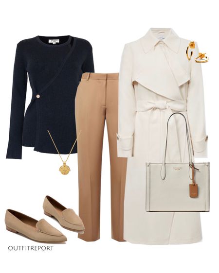 Wide leg trousers white coat jacket camel and blue sweater top

#LTKshoecrush #LTKunder100 #LTKstyletip