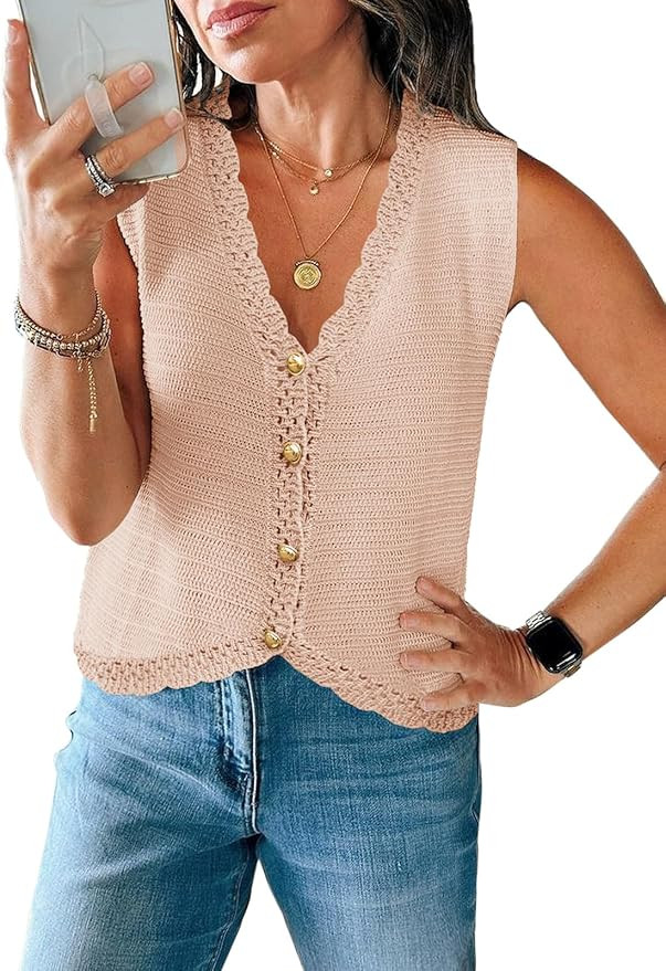 Saodimallsu Womens Sleeveless V Neck Sweater Vest Cropped Button Down Casual Loose Knit Summer Go... | Amazon (US)