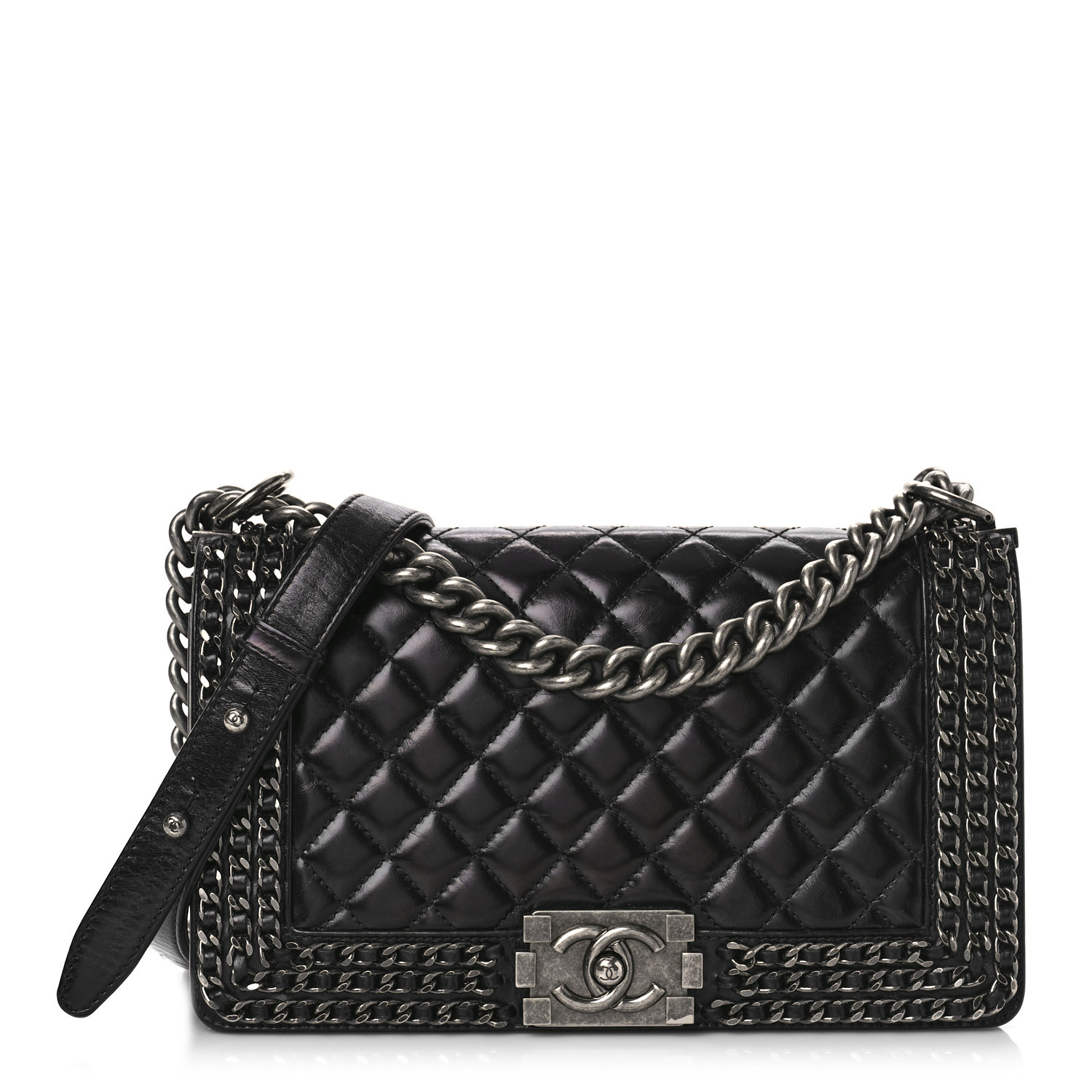 Glazed Calfskin Quilted Medium Boy Chained Flap Black | FASHIONPHILE (US)
