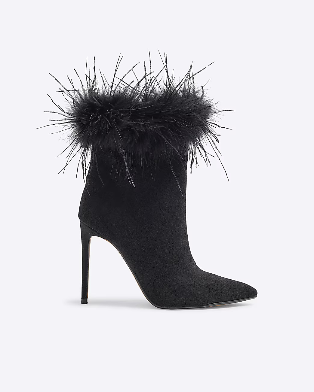 Black Suedette Faux Feather Cuff Heeled Boots | River Island UK & IE