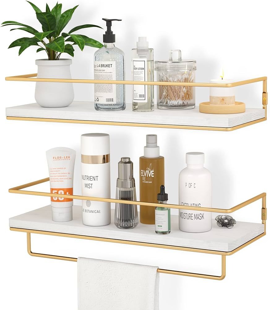 ZGO Floating Shelves White, Wall Mounted Storage Shelves with Golden Towel Rack for Bathroom, Kit... | Amazon (US)