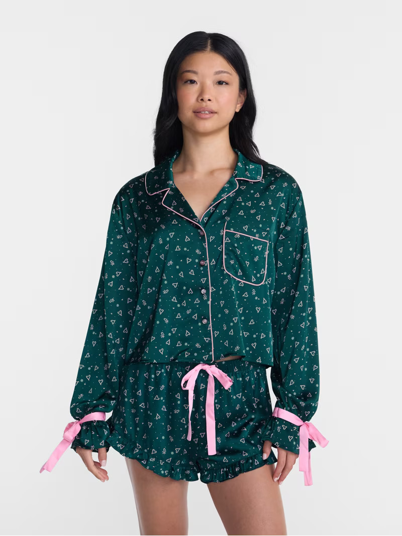 No Boundaries Holiday Satin Top and Shorts Sleepwear Set, 2 Piece, Women's XS-XXL | Walmart (US)