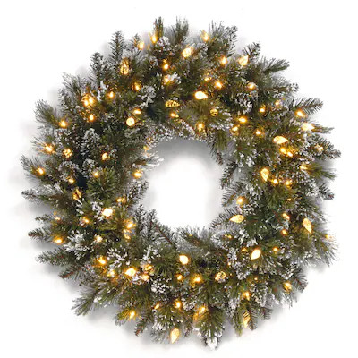 National Tree Company 24-in Flocked Pre-lit Outdoor Green Pine Artificial Christmas Wreath | Lowe's