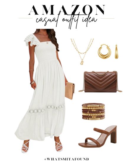 Amazon outfit idea, casual outfit idea, spring outfit idea, summer outfit idea, spring dress, summer dress, summer sundress, maxi sundress, boho sundress, white sundress, brown heels, heeled sandals, brown purse, quilted purse, crossbody purse, beaded bracelets, boho bracelets, initial necklace, layered necklaces, gold hoops 

#LTKfindsunder50 #LTKitbag #LTKshoecrush