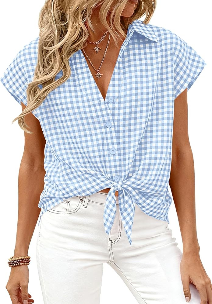 PRETTYGARDEN Womens Short Sleeve Shirts Plaid Button Down Blouse Dressy Casual 2026 Summer Spring... | Amazon (US)