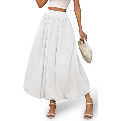 LEVEN SIXTEEN Women's Y2K Bubble Hem Maxi Skirt - Puffy A-Line Long Skirt with Pockets & Elastic Waist White White X-Large | Target