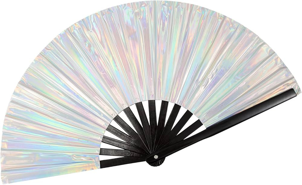 JYSILIYH Silver Laser Rave Hand Fan, Large Folding Hand Rave Fan, Clack Handheld Fan for Party, B... | Amazon (US)